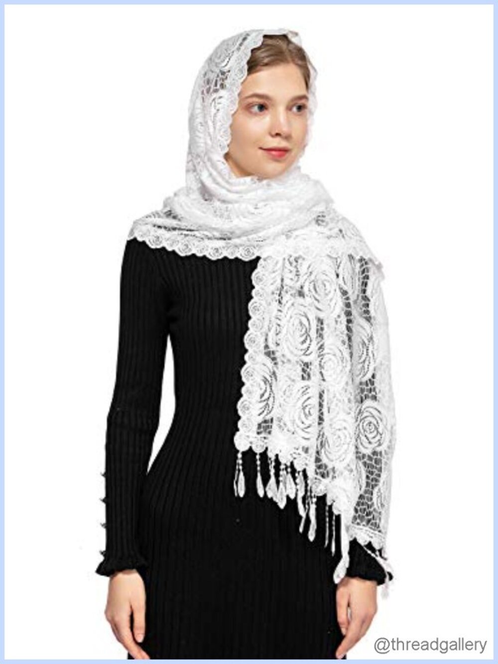 Lace Mantilla Chapel Veil Rectangular Rose Floral Church Wrap Scarf